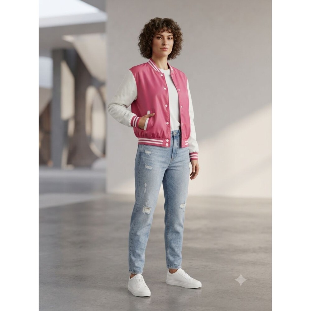 Reserve Fairfax Varsity Jacket Women's M Pink White Snap Button Bomber NWOT